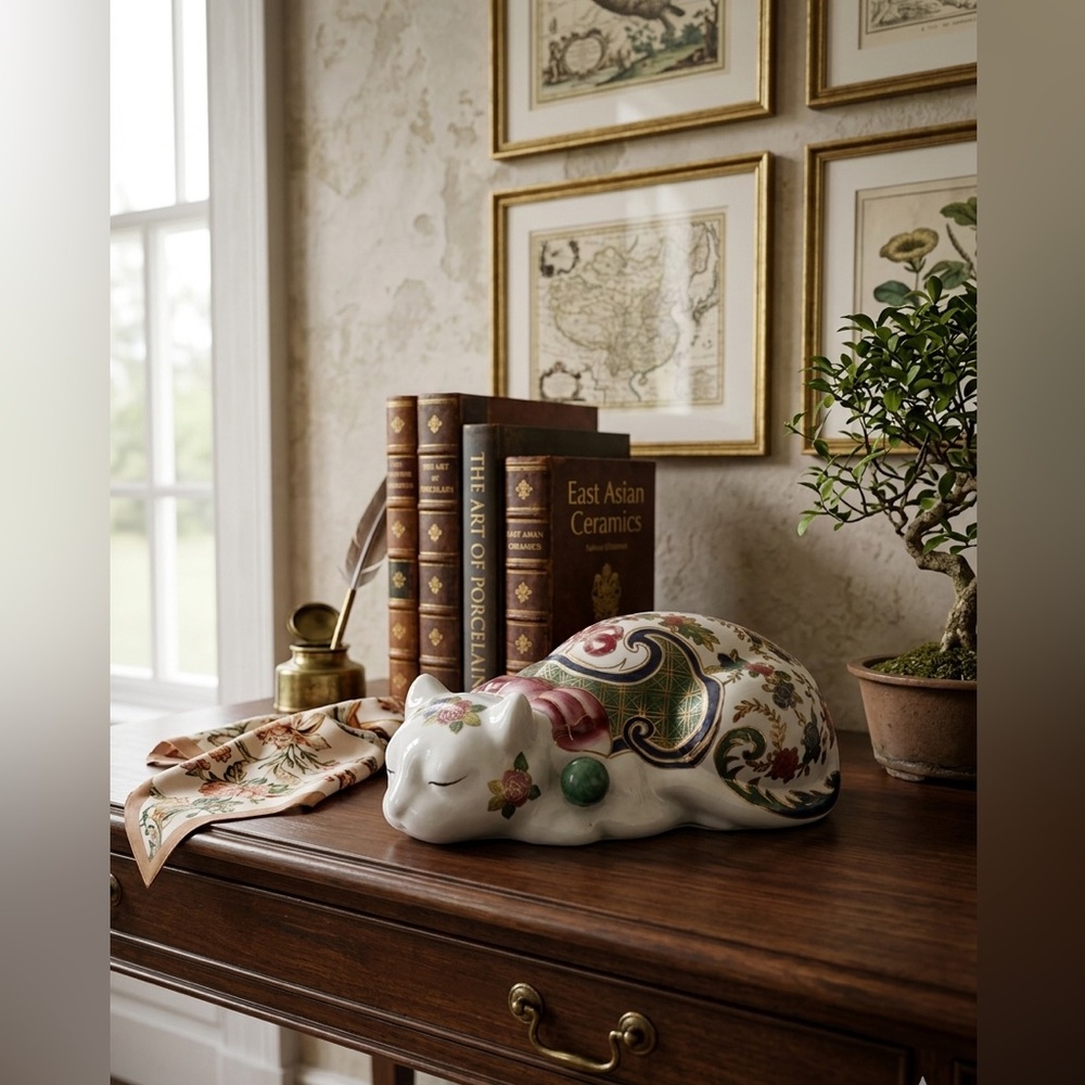 Vintage Imari Style Sleeping Cat Porcelain Figurine